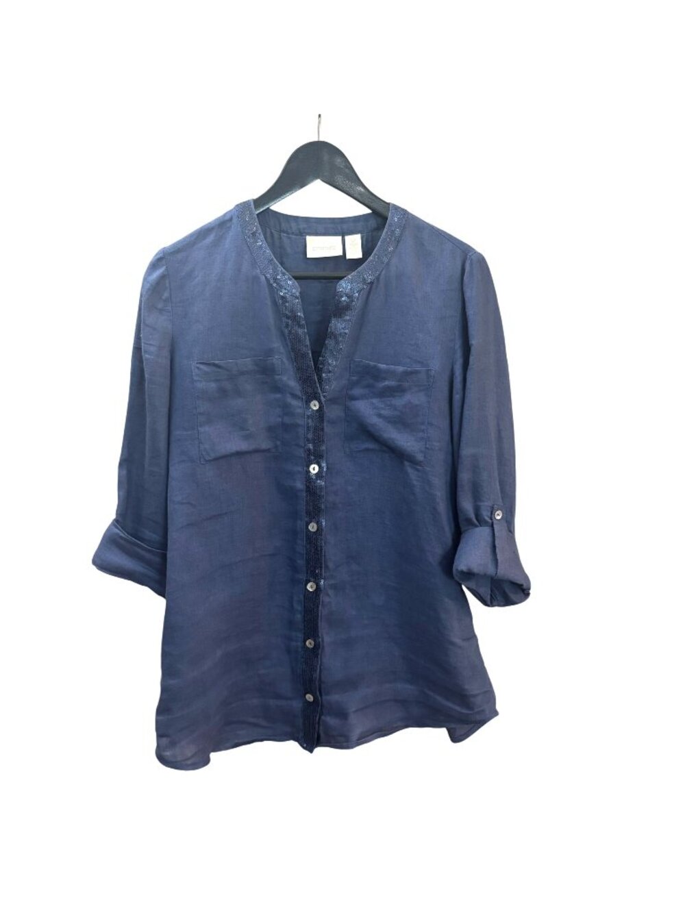 Chicos Blue Long Sleeve Sequin Trim Linen Button Up Top Small 0